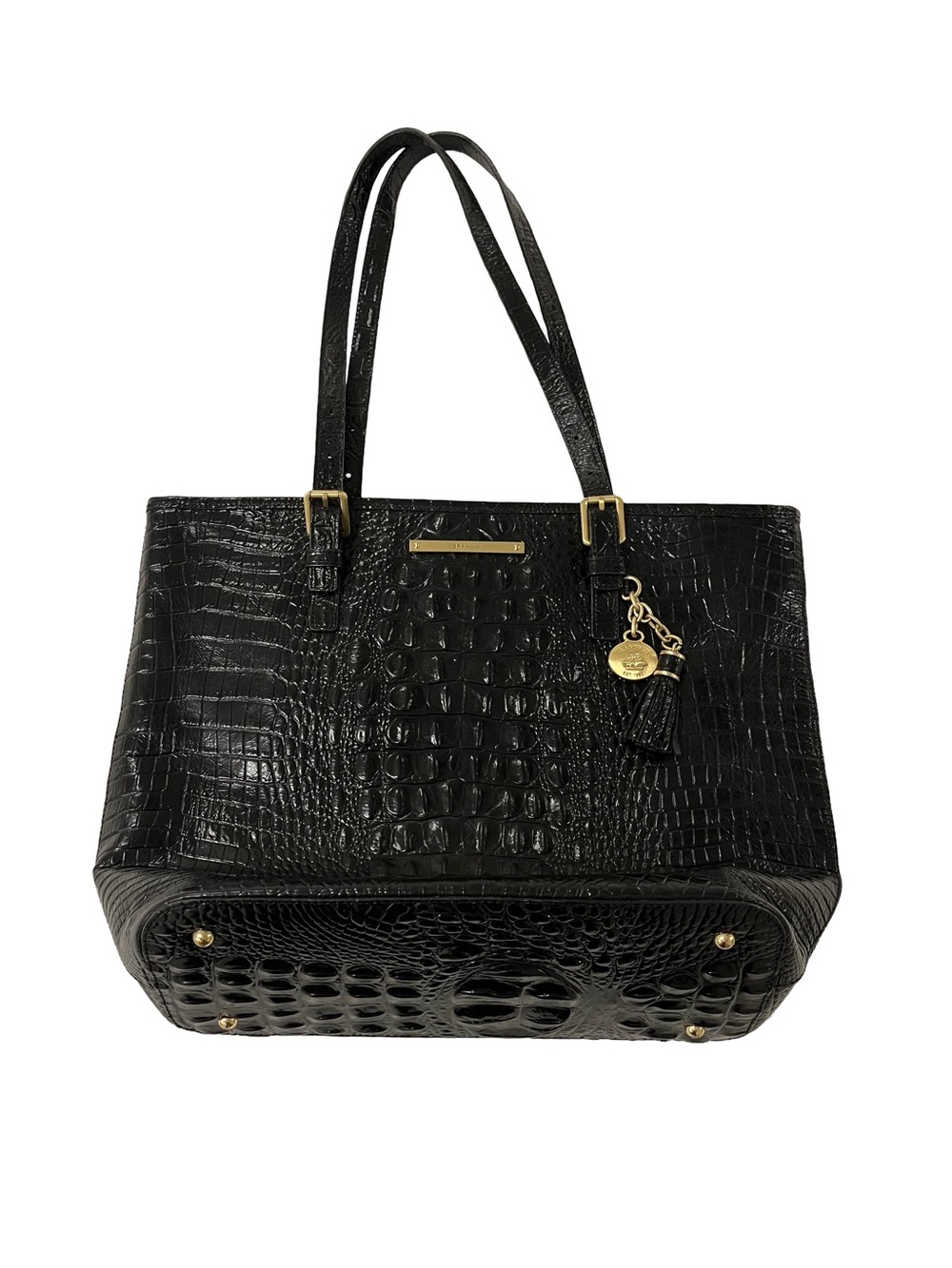 Brahmin Black Croc-Embossed Tote with Gold Accents